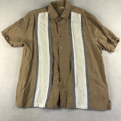 Camisa Cubavera Para Hombre Grande Beige Mezcla de Lino Hawaiana Rayas Manga Corta Foto 1 de 4
