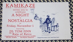1980er KAMIKAZE NYC Nachtclub Einladung Postkarte, DJ TOM FINN Nacht der Nostalgie - Bild 1 von 1