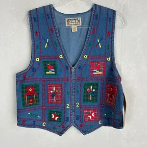 Vintage women size L teacher vest denim embroidered v-neck zip up blue colorful - Picture 1 of 8