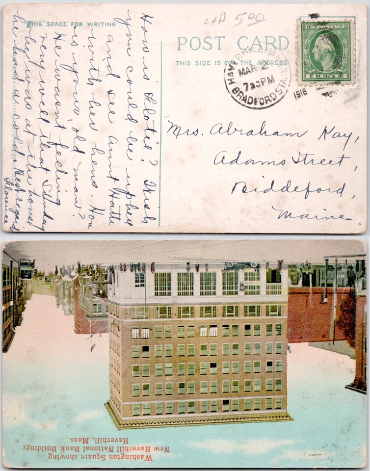 National Bank Haverhill Massachusetts Bradford Sta. 1916 Fancy Cancel Postcard - Image 1 of 1
