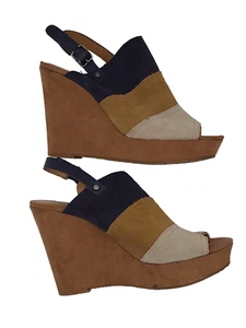 Lucky Brand Frescala Suede Open Toe Platform Wedge Size 9 Navy Combo Tan Blue - Picture 1 of 6