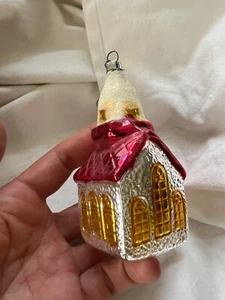 Christmas Ornament Mouth Blown Glass Church W/ Steeple Cottage Silver Red Gold - Picture 1 of 7