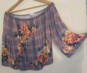 Jealous Tomato Size M Plaid Off the Shoulder Bell Sleeve Floral Top Boho Hippie - Picture 1 of 11