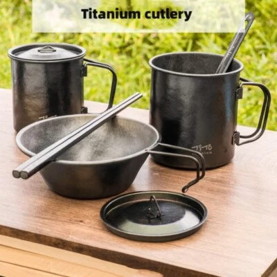 Titanium Cutlery Set Outdoor Camping Picnic Chopsticks Water Cup Bowl Portable - Image 1 of 4
