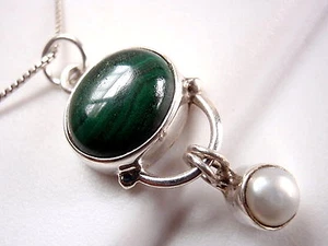 Malachite and Dangling Freshwater Pearl Necklace 925 Sterling Silver New 4ct - Picture 1 of 2