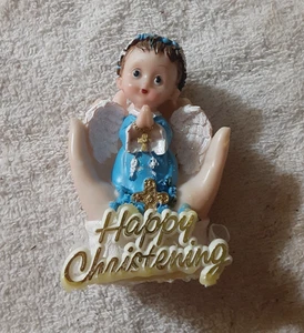 Glückliche Taufe Baby Engel Figur blau betend Keramik religiös Geschenk 3" - Bild 1 von 3