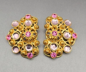 VTG BARRERA For Avon Pink & Purple Crystal Gold-Tone Clip-On Earrings 2"x2" - Picture 1 of 7