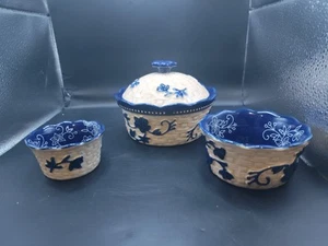 Temp-tations Floral Lace Basketweave Blue Nesting Dishes with Lid for Largest - Picture 1 of 6