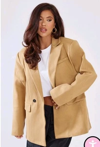 PrettyLittleThing Camel Wool Look Double Breasted Blazer BNWT Size 10 - Picture 1 of 8