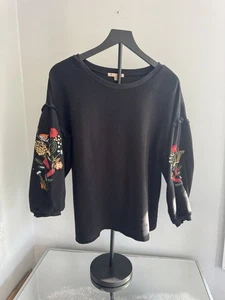 Son Latimer Black Floral Embroidered Sleeve Sweatshirt Top Women’s L Boho Cozy - Picture 1 of 8