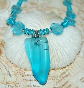 Wire Wrapped Aqua Blue Faux Sea Glass Necklace 19.5" Handmade Beaded Jewelry - Picture 1 of 4