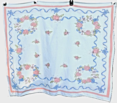 Vtg Pink Border Blue Ribbon Flower Strewn Tablecloth 36" x 31" Free Ship & Ins - Image 1 of 4