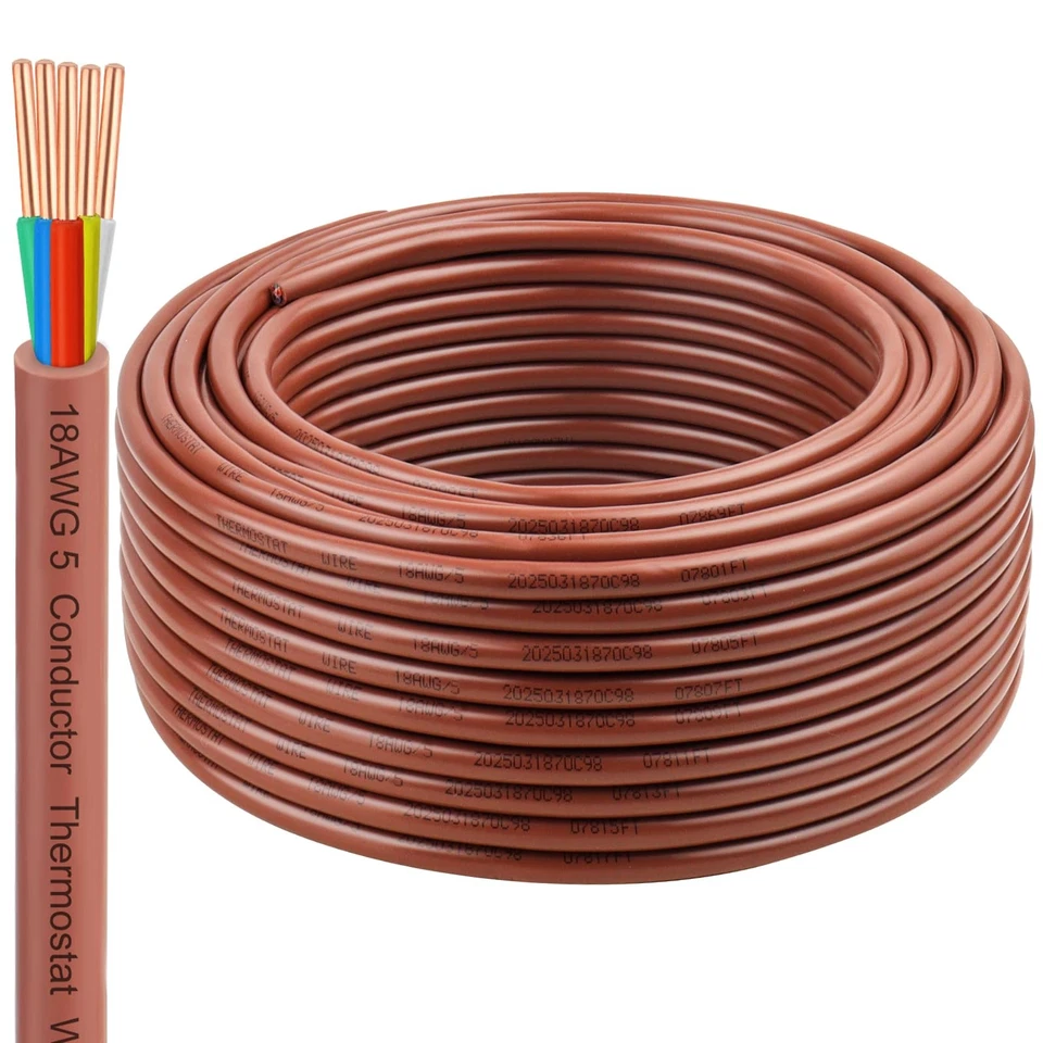18AWG Thermostat Wire 18/5 Solid Copper – 5 Conductor Low Voltage HVAC Cable ... - Image 1 of 4