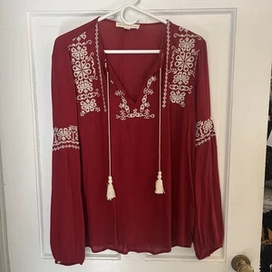 LoveStitch Women Red/White Floral Embroidered Boho Bohemian Blouse Top M Tassel - Picture 1 of 13