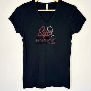T-shirt donna Sip Happens vino cocktail vino strass XL nero Bling scollo a V - Foto 1 di 4