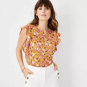 Ann Taylor Floral 100% Linen Flutter Sleeve Tee size M - Picture 1 of 13