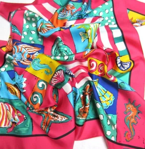 Vintage TALBOTS Coastal Grandmother Bright Nautical SILK Twill 30" Sq Scarf - Picture 1 of 7