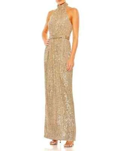 Vestido Ieena Mac Duggal Champagne Dorado Lentejuelas Halter Cinturón Talla 0 $298 - Imagen 1 de 3