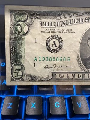 ERROR KAPPYSCOINS W5801`  1981  $5.00 PARTIAL  OFF SET FEDERAL RESERVE NOTE XF！ - Image 1 of 3