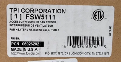 TPI CORPORATION FSW5111 Wall Mounted Summer Fan Switch NEW FREE SHIPPING - Image 1 of 2