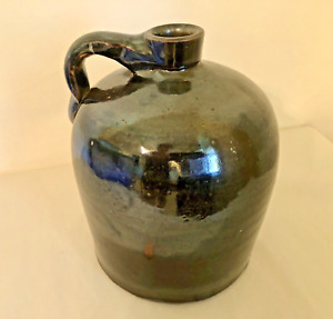 Brown Glazed Stoneware Moonshine Jug w/ Finger Handle Antique Primitive Small 8"