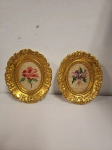 2 Vtg 5.25" OVAL Ceramic Gold FRAMES PETIT NEEDLEPOINT ROSE VIOLET Wall Cottage  - Picture 1 of 10