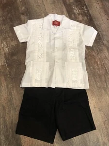 Boys Wedding Outfit Black Shorts White Habanera Guayabera Shirt 4T Ring Bearer - Picture 1 of 8
