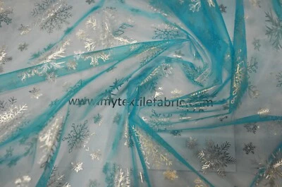 Metallic Snowflake Organza Fabric | 60" | Aqua Iridescent Organza with Metallic - Image 1 of 4