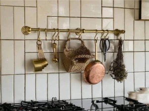 Solid Brass Hanging Pot Rack – Antique Brass Kitchen Rail with Hooks, Wall-Mount - Picture 1 of 8