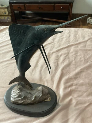 BRONZE SCULPTURE Rare Full Round Marlin Sail Fish Signed Artwork FIGURINE STATUE - Image 1 of 4