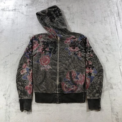 vtg Lucky Brand Hoodie Womens XS Gray Full Zip Kanji Dragon Tiger Embroidered - Image 1 of 4