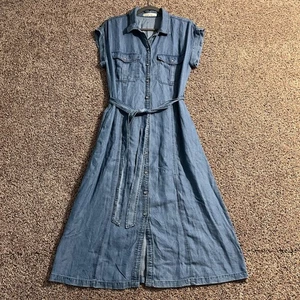 Bécool Dress Womens Large Blue Tencel Shirt Button Front Belted Midi Chambray - Picture 1 of 8