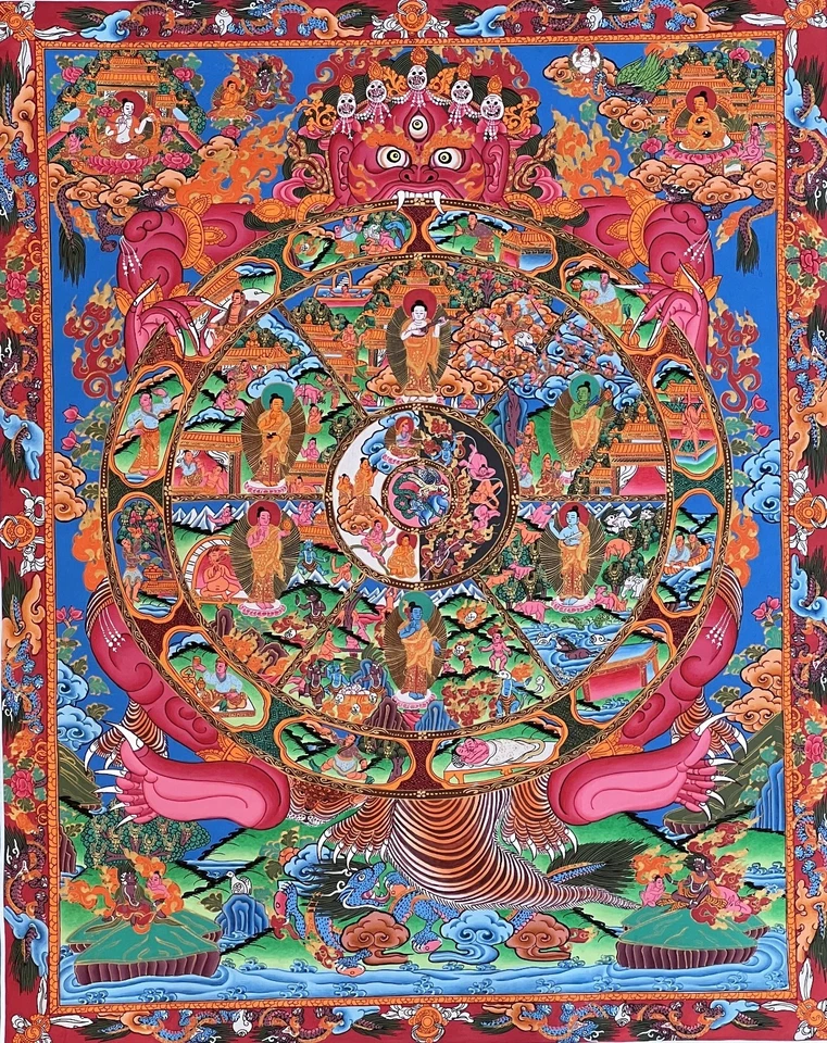 RUEDA DE LA VIDA BHAVACHAKRA SAMSARA MANDALA ORIGINAL PINTADO A MANO THANGKA TIBETANO Foto 1 de 4