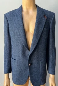 Giacca blazer uomo tweed gomito scamosciato toppa blu lana cappotto 42R - Foto 1 di 9