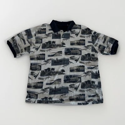 Пуританская мужская рубашка-поло с принтом для рыбалки размер XLarge хлопок вафли вязаная винтажная - Изображение 1 из 4