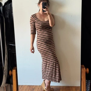 MONROW Brown & Black Striped Midi T-Shirt Dress - Size S - Very Good Condition - Picture 1 of 7