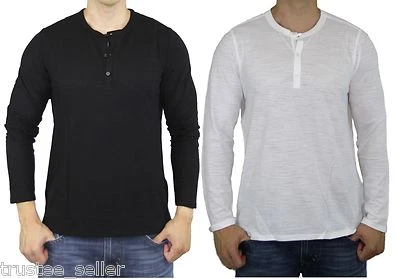 NUEVO CON ETIQUETAS Vince Para hombres Negro Blanco Slub Jersey Henley Manga Larga Top Camisas Suéter Foto 1 de 4