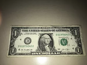 2013 Fancy serial number 1 dollar bill birthday note D01979242C 1979 2-24 - Picture 1 of 2