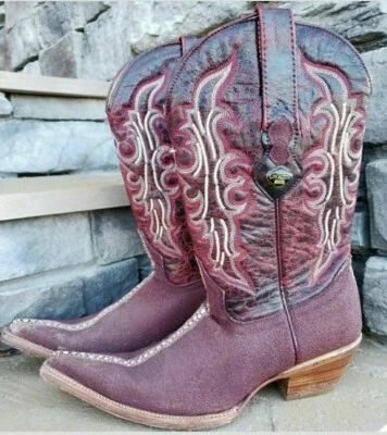 Botas occidentales LOS ALTOS para mujer hechas a mano México rojo oscuro negro estampado de raya 7 Foto 1 de 4