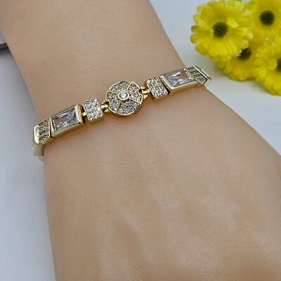 Cuadrados y círculos chapados en oro de 14K circonita cúbica - Cadena de eslabones de malla - Elegante pulsera. Foto 1 de 4