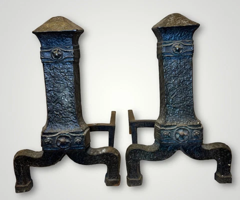 Pair of Large Metal Arts & Crafts Era Craftsman Style Fireplace Andirons Cover