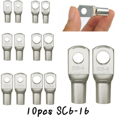 10PCS Battery Cable Copper Tube Tinned Ring Terminals Crimp Wire Lugs Eyelets - Image 1 of 4