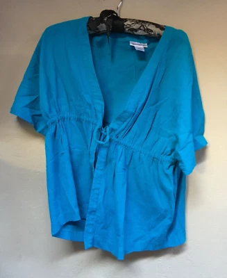 Cardigã feminino TravelSmith top cordão cintura manga curta grande azul algodão - Imagem 1 de 4