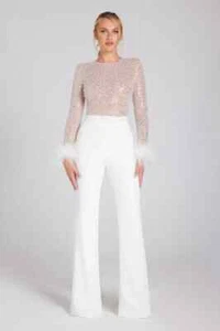 NADINE MERABI Sequin Feather Amelia Jumpsuit S / M UK 10 White BNWT New RRP £465 - Picture 1 of 24