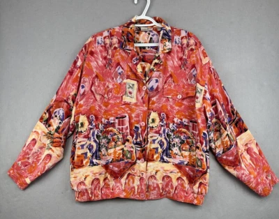 Винтажная шелковая куртка женская L шелковый бомбардировщик карманы с принтом Natalie & Me для путешествий - Изображение 1 из 4