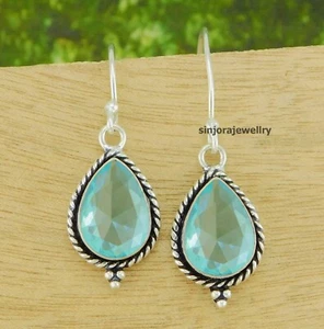 Swiss Blue topaz Gemstone 925 sterling silver handmade Dangle/Drop Earrings 1.5" - Picture 1 of 4
