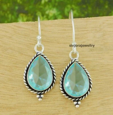Swiss Blue topaz Gemstone 925 sterling silver handmade Dangle/Drop Earrings 1.5" - Image 1 of 4