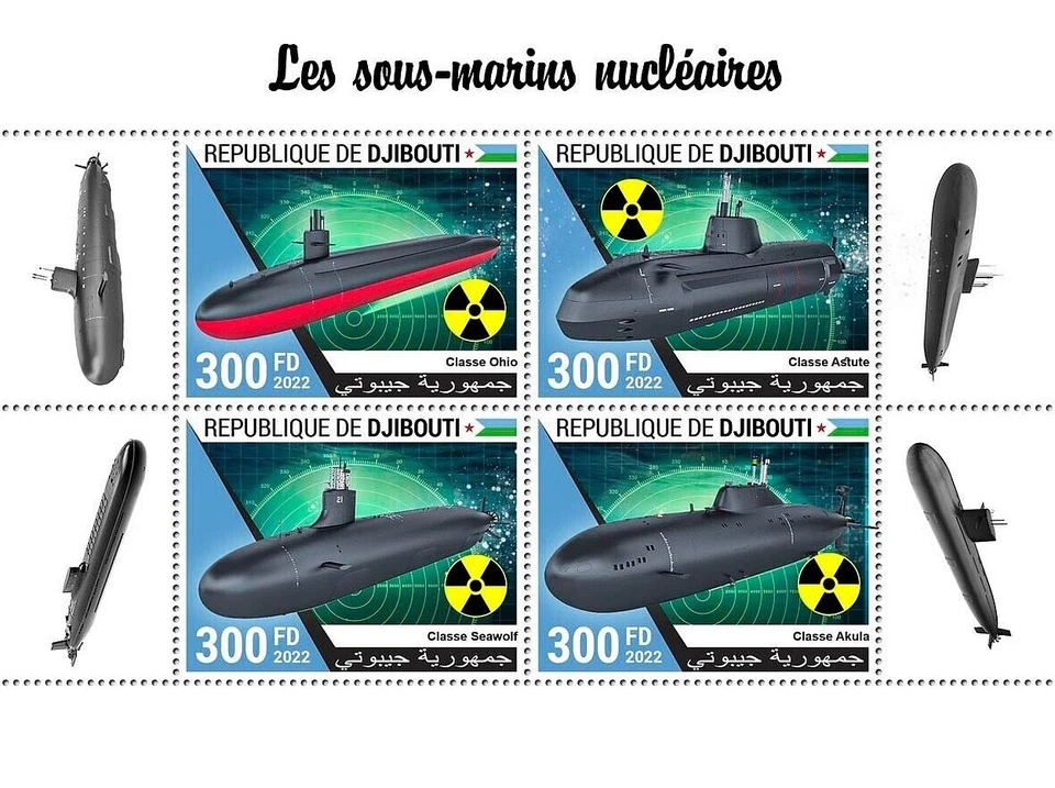 NUCLEAR SUBMARINES Astute/Ohio/Akula Submarine Boat Stamp Sheet (2022 Djibouti) - Image 1 of 1