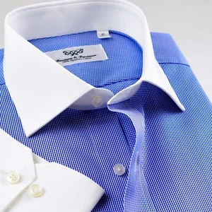 Camisa de vestir blanca a cuadros azules rica forro interior italiano puños individuales A - Imagen 1 de 5