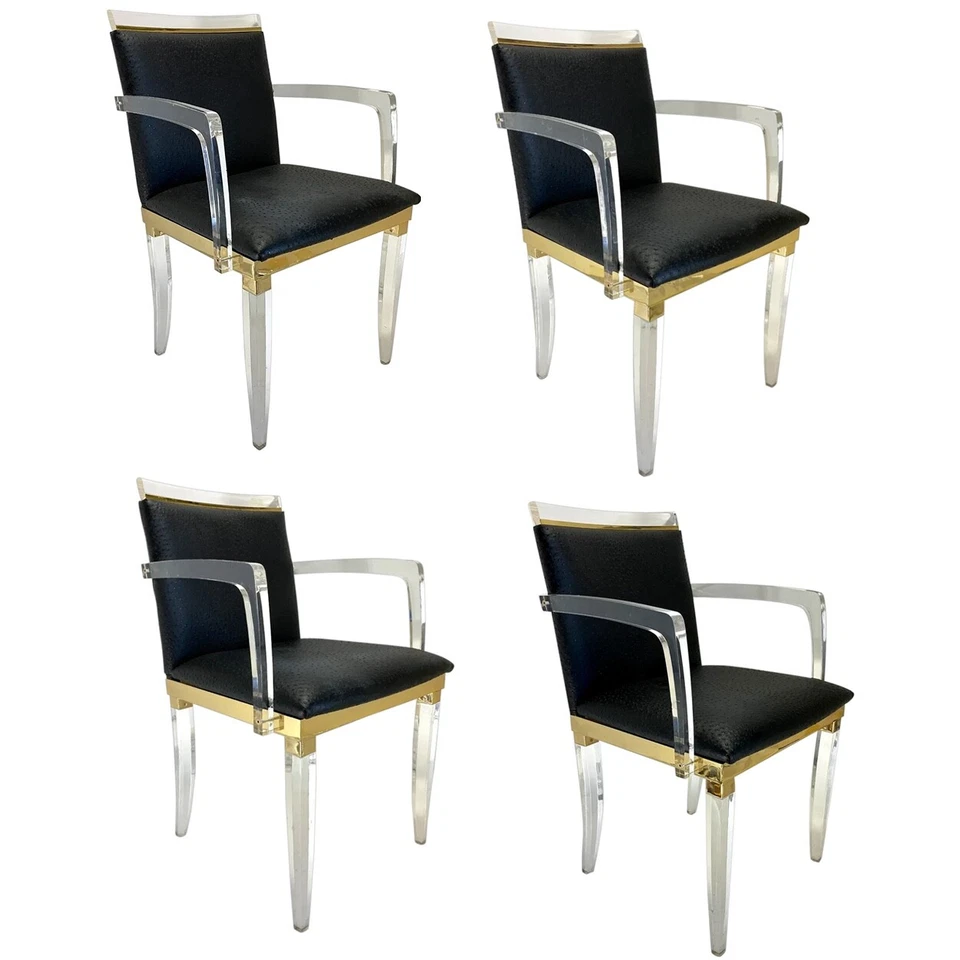 Set 4 Vintage French Maison Romeo Brass, Lucite & Ostrich Leather Armchairs - Image 1 of 4